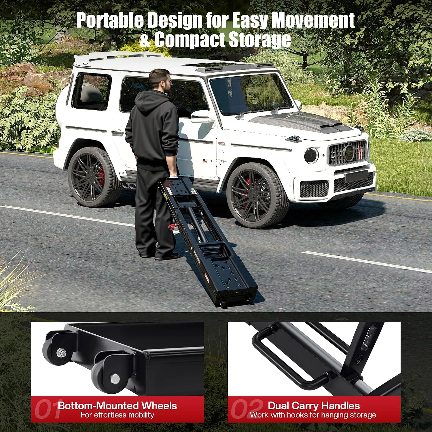 SPECRAFT 7000 LBS Portable Car Lift, Heavy-Duty Hydraulic Quick Jack with 25.4" Max Height, Multi-Safety Lock Bars & Wheels, Adjustable Scissor Lift for Cars, SUVs, Light Trucks, Garage Use, Black