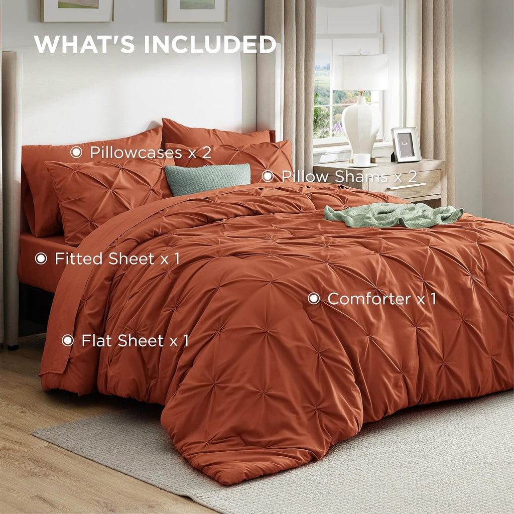 Bedsure King Size Comforter Set Burnt Orange - Bed in a Bag Bedding Set 7 Pieces, GentleSoft™ Pintuck Bed Set Gift for Family, All Season Down Alternative Comforter with Sheets, Pillowcases & Shams