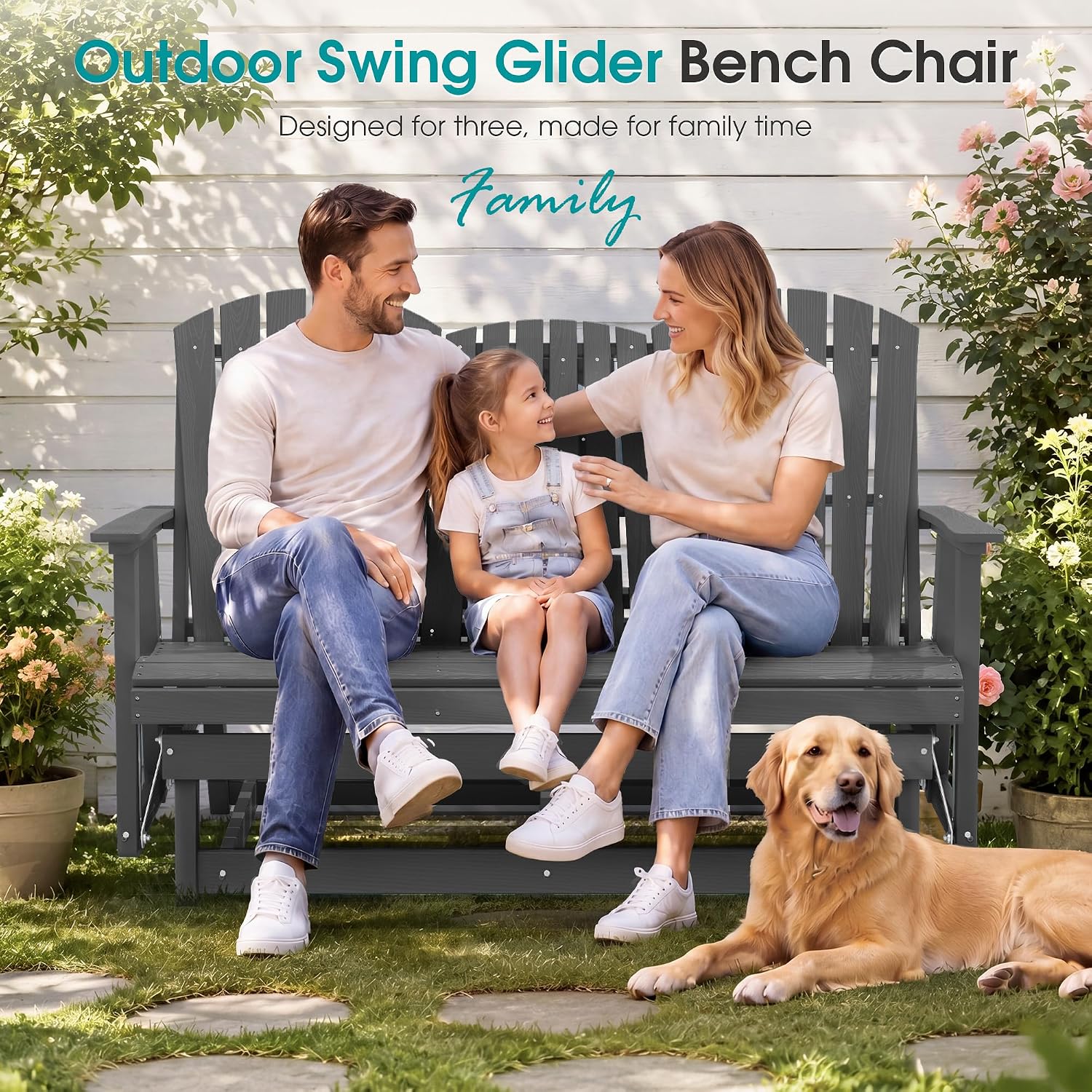 SERWALL 3 Person Outdoor Glider Bench with Cup Holder and iPad Placement,Oversized 66" HDPE Patio Glider Bench, All Weather Patio Glider Chair for Garden,Park,Yard,Front Porch,Gray